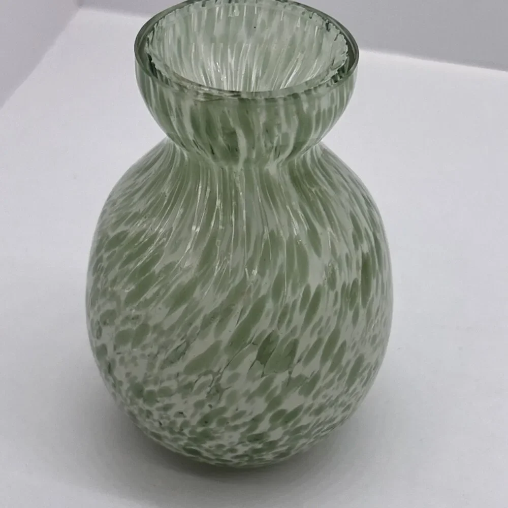 Vintage Spatter Art Glass Bud Vase Pale Green White Mottled Mini 4